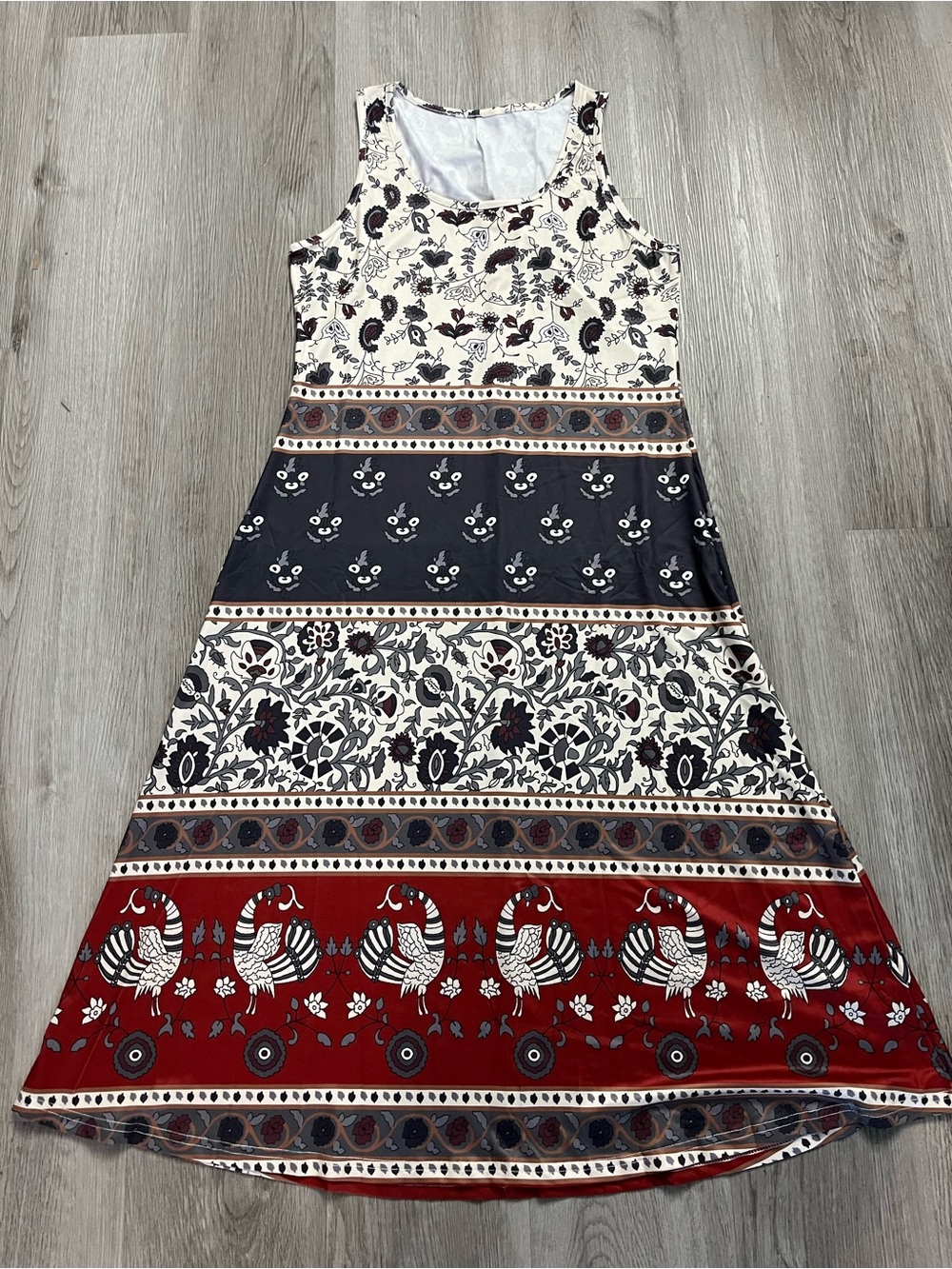 🔥380–Sleeveless Printed A-Line Dress in Red, Black & Cream
